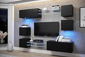 Furnitech Wohnwand Wohnzimmer | Hängend Wohnwand Modern | Wohnzimmer Schrankwand mit Regale und TV Schrank | Wohnzimmer Möbel ohne LED (AN65N-21B-M3)