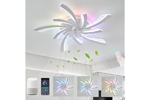 GWYAJTU RGB Ceiling Fan with Lighting Compatible with Alexa, Modern Flower Fan Lamp LED Dimmable, 6 Gang DC Motor Reversible Ceiling Lamp with Fan for Bedroom Living Room White