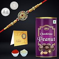 DeoDap Rakshabandhan Multicolor Silver Plated Rakhi (K1_55_EP) Rakhi - 55 with Effete Choco Peanuts 96gm, Roli chawal…