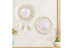 BYZESTY Dekoracja na ścianę, dekoracyjne lustro z tkanymi frędzlami, 2 sztuki, lustro ścienne w stylu boho, okrągłe lustro ścienne z tkanymi frędzlami, makrama, lustro ścienne do sypialni, salonu, dekoracja