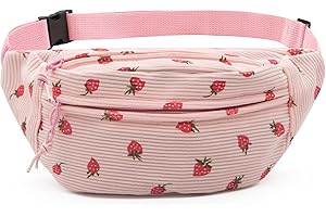 Long Keeper Cute Corduroy Bumbag Fanny Pack for Women Men Fashion Waist Packs Adjustable Cross Body Bumbags for Ladies Girls Travel Running Hiking Outdoor (Pink Strawberry)