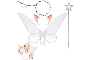 DOBIGER Ali Fata Donna, Ali da Fata, Ali Fata Bambina, Ali da elfo con Bacchetta da Fata, Orecchie da Elfo, Ghirlanda per Carnevale Compleanno Halloween Natale Gioco di Ruolo, Ali Bianche da Fata