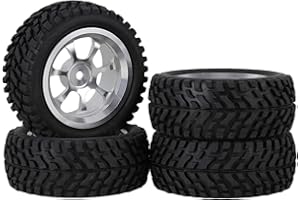 Mxfans Beard Pattern Rubber Tyre & Silver Aluminum Alloy Wheel Rims with 7-Spoke for RC 1:10 On-Road Racing Car Pack of 4