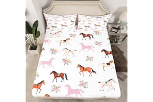 MANFEI Cute Horse Fitted Sheet King Size, Watercolor Flower Floral Bed Cover with 2 Pillowcases, Cartoon Animal Bedding Set 3pcs for Kids Boy Girls Room Decor, Soft Polyester Bedding