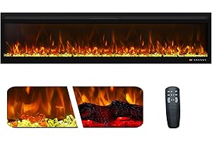 Mystflame BI72R - Camino elettrico da parete, Stufa con 13 colori di fiamma e luce inferiore, letto di combustibile di tronchi e cristalli, termostato 750/1500 W, controllo remoto e touch screen