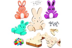 MIZIJIA Conigli in Legno Ornamenti di Pasqua, 4 Pezzi Coniglietti in Legno da Dipingere, Coniglietti Pasquali Bambini in Legno, Mini Pompon Colorati e Occhi di zulla (4pcs)