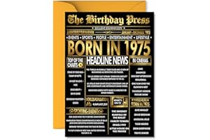 STUFF4 Gold 50th Birthday Card for Men Women - Black & Golden Newspaper Born in 1975 - Happy 50 Birthday Cards for Nanny Grandad Sister Husband Daughter Cousin, 5x7 Inch Bday Greeting Cards