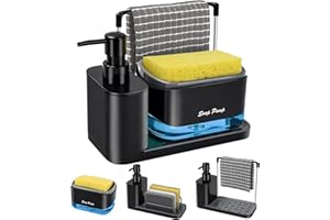 Yulado Jabonera Cocina Negro, Organizador de Fregadero Negro con Bandeja y Soporte para Esponja, detergente Recargable，Dispensadores de Bomba de jabón y Porta esponjas…