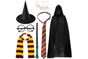 Kavoc 7 Pcs Wizard Outfit Include Cape Hat Glasses Scarf Tie Magic Wand and Tattoos Stickers for World Book Day Dress Up