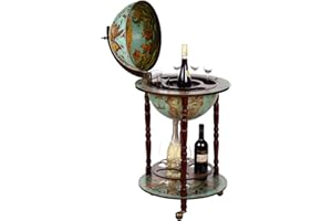 BIRENDY Elegante carrello da bar 36001 blu, con colonne in legno di eucalipto, aperto 103 cm di altezza e 47 cm di larghezza, antica sfera mondiale, bar da bar, bar, bar, mondo-bar, tavolo da bar