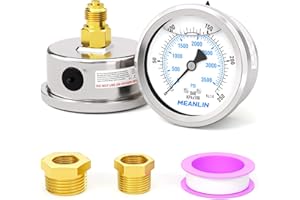 MEANLIN MEASURE 0~250BAR/0~3500PSI Liquid-Filled Pressure Gauge, Stainless Steel 1/8 Inch BSP 2.5 Inch Face Dial, WOG Water Oil Air Rear Mount, with 1/4 Inch BSP and 3/8 Inch BSP Hex Socket