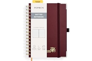 POPRUN Spiral Bullet Dotted Journal Notebook, [A5 Size] - 120 Gsm Thick Paper, 141 Numbered Pages, Wirebound Notepad for Men & Women with Pocket, Index Tabs, 8 Perforated Sheets, Burgundy