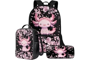 Wnbucioht Axolotl School Backpack for GirlsTeens 17 Inch Kids Schoolbags Set with Insulated Lunchbox Pencil Case 3 Pack Kawai Axolotl Bookbag Children Large Capacity Rucksack with Side Pocket