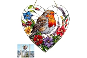 NANGILO Sun Catchers For Windows, 20 * 20 CM Large Heart-Shaped Suncatchers For Windows Robin, Sun Catcher, Robin Suncatchers Stained Glass, Acrylic Window Hanging for Home Garden Gift Decor