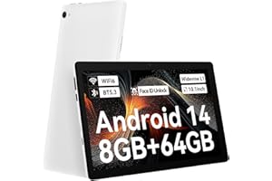 Laptok 10 pollici Tablet, Android 14 Tablet con processore Octa-Core, 8GB+64GB+1TB di espansione, Face ID, HD IPS Touchscreen, WiFi 6, Bluetooth5.3, doppia fotocamera 5MP+8MP, Widevine L1 (Bianco)