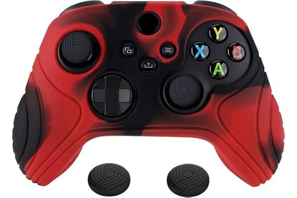 eXtremeRate PlayVital Coque Manette pour Xbox Series X/S Housse Protection pour Xbox Series X Accessoires Controller avec Capuchon Joystick Caps Grip Cover Silicone-Rouge&Noir,Édition Samouraï