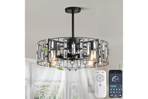 Ganeed Deckenventilatoren Kronleuchter mit Lichtern Kristall Pendelleuchte 50 cm Modernes Dekor 6 Windgeschwindigkeiten mit Fernbedienung für Wohnzimmer Schwarz 4 Lichter