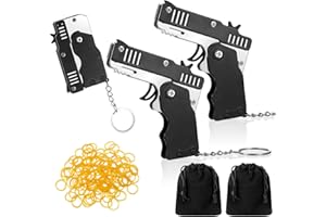 Herdear 2 Stück Klappbare Gummiband Pistolen Spielzeuge mit 120 Stück Weich Elastische Gummibänder Metall Faltbar Gummiwerfer Pistole Schlüsselanhänger für Weihnachten Erwachsene (Schwarz)
