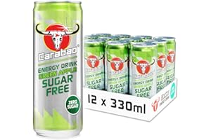 Carabao Energy Drink Sugar Free Green Apple, Can Case, Zero Sugar, Low Calorie, Light Fizzy Fruit Flavour, Vegan, Gluten Free Drink, B Vitamins, Taurine, Caffeine, Bulk Crates, 330 ml (Pack of 12)