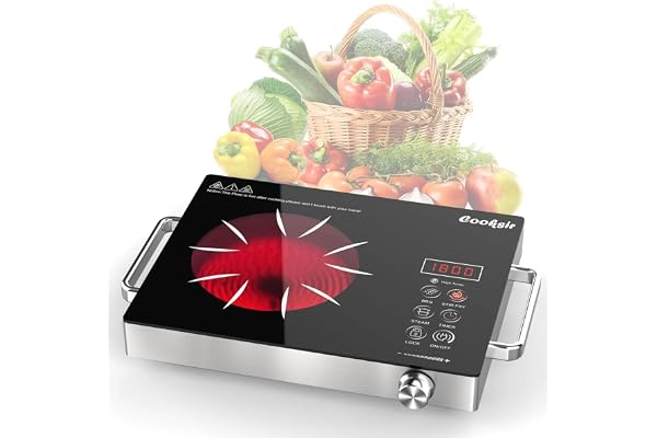 Cooksir Table de Cuisson Vitrocéramique 1 Feu avec Prise, 2000W, Plaque de Cuisson Electrique à Poignet Portable 36CM, Plaque Vitrocéramique avec Bouton Rotatif et Commande Tactile