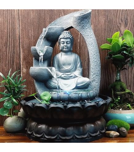 Fontaine à Eau Zen Moine Bouddhiste - 27x20 Cm - Décoration Asiatique Japonaise Avec Cascade - Ambiance Feng Shui Gris