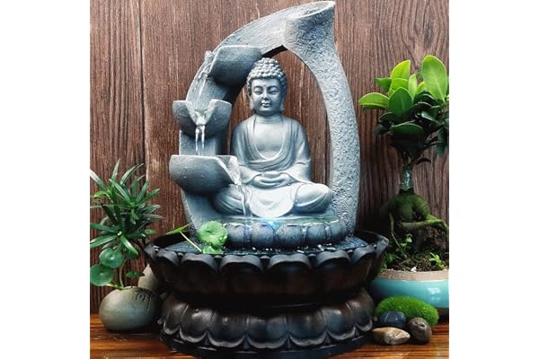 Gorgivous Fontän Buddha med LED-ljus, Buddha-fontän med LED-belysning utomhus, inomhus vattenspel Feng Shui, dekoration, fontändekoration, Buddha-fontän