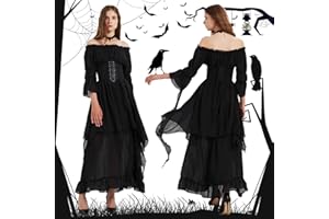 Ulikey Vestito Medievale da Donna, Abito Vittoriano Costume, Rinascimentale Retrò Spalle Scoperte Donne, Gotico Abito da Strega con Maniche Campana, Donne Abito Lungo Carnevale Halloween