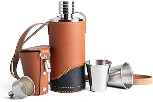 SPDYCESS Petaca de Cuero PU 500ml Petaca de Acero Inoxidable con Embudo y Tazas Portátil Botella de Licor para Hombres Regalos de Senderismo Camping Esquí