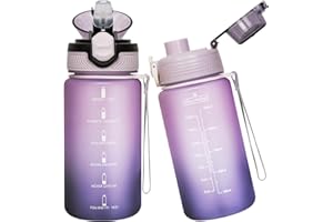 Seekua Sport Tritan Gourde 0.6l avec Paille & Marqueur de Temps, Motivation Bouteille d'eau sans bpa reutilisable pour Enfant, 2 Couvercles, 600 ml