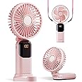 GOCKERA Portable Fan, 4200mAh Battery Operated Fan, 5 Speeds&Digital Display, Makeup Fans for Women with Base, 180°Foldable 3in1 Handheld/Neck/Desk Fan for Outdoor Indoor,Ultra Quiet (Pink)