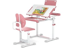 ‎COSTWAY COSTWAY Schreibtisch Kinder mit Stuhl, Kinderschreibtisch höhenverstellbar mit neigbarer Tischplatte, Jugendschreibtisch mit Schublade & Buchständer für Schulanfänger ab 3 Jahren (Rosa)