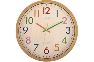 Foxtop Kids Learning Wall Clock Without Ticking Noises,12 Inch Analogue Children's Clock for Learning the Time,Easy Reading Children's Room Decoration Colourful Design