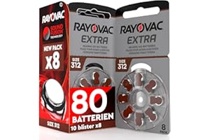 80 Batterien für Hörgeräte Rayovac Extra Größe 312 mit Sound Fusion Technologie - 10 Blister mit 8 Batterien