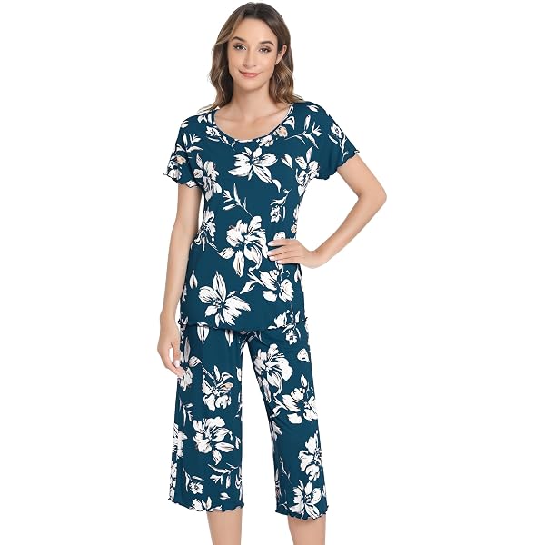 NACHILA Women's Bamboo Pajama Set - Soft Short Sleeve Top & Capri Pants (Navy Rose, Large) - View #4
