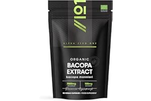 Organic Bacopa Monnieri Capsules 7500mg - 20% Bacosides (100mg Per Capsule) – 90 Count – Resealable and Recyclable Pouch by Alpha01