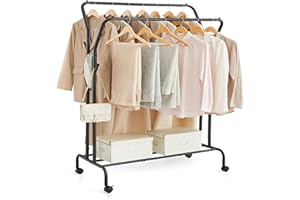 SONGMICS Stand Appendiabiti Doppio, Attaccapanni con Ruote, Struttura in Acciaio, Portata fino a 100 kg, Larghezza di 103,5 cm, Multifunzione, Nero HSR107B01