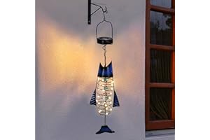 HONGLAND 2 Pack Solar Lantern Outdoor - Metal Fish Hanging Decoration - Waterproof Warm LED Lights Outside - Unique Gifts for Garden Man Women Holiday Days, Birthdays, Attractive Addition to Yard Art