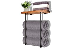 Joben Oligey Towel Rack with Wooden Shelf, Black, Minimalist Design Storage Organizer for Large, Small, Hand Towels, Spa, Salon, RV