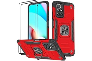 KANSi Hülle für Xiaomi Redmi 10 / Redmi 10 2022, Schutzfolie [2 Stück] Silikon TPU Hart PC Handy Hüllen 360 Grad Drehbar Ringhalter Bumper Stoßdämpfung Schutzhülle - Rote