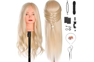 TwoWin Hairdressing Training Head, 20" 80% Real Hair Mannequin Head, Wig Styling Head with Clamp and DIY Braiding Set (Light Gold)