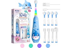 SEAGO Spazzolino Elettrico Bambini Spazzolino Denti Elettrico Spazzolini Elettrici Spazzolino Bambini 0-6 Anni Spazzolino Da Viaggio Con 8 Testine Per, Luce LED, modello balena SG-2139,Blu Scuro