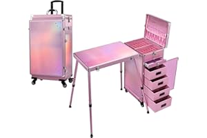 TAYQWIHEVA Maleta de Maquillaje con Mesa y 5 cajones Maletín de Maquillaje Profesional con Ruedas Caja Maquillaje Maleta Peluquería Grande Mesa de Manicura móvil Trolley Maquillaje, Rosa