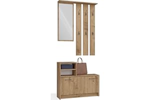 CDF Garderobe | Farbe: Eiche Artisan | Großer Spiegel | Kleiderbügel | Geräumiger Schuhschrank | Ideal für Diele, Flur | Praktische Ablagen | Modernes Design