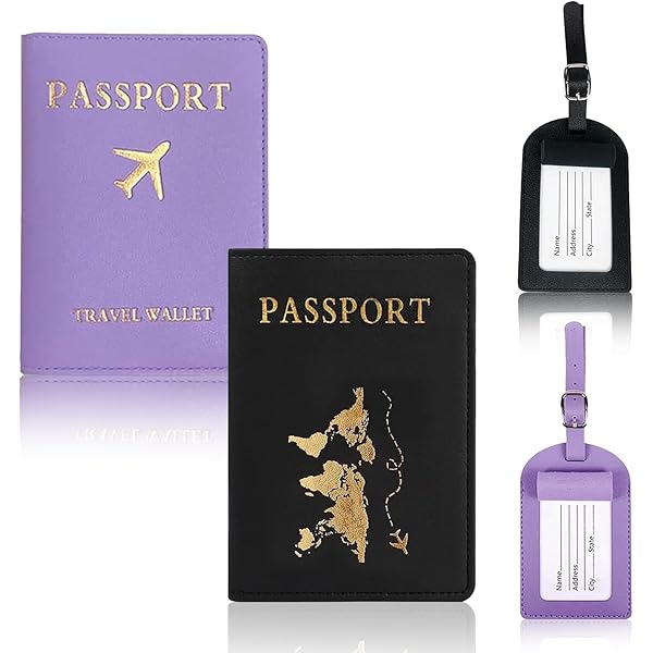 Set 4 Etichette Bagagli Con Custodia Passaporto - Portafoglio Viaggio In Pelle Nero E Rosa - Foto 4