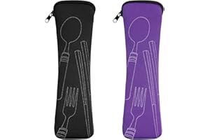 Vicloon 2 bolsas para cubiertos para viajes, portátiles, de neopreno, vacías, con cremallera, lavables, para oficina, escuela, viajes, camping, pícnic, cubiertos, 20 x 6 cm (morado/negro)