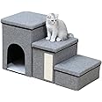 NeoStyle Dog Stairs with Pet House,3-Step Foldable Storage Indoor Dog Steps,Pet Steps for High Bed Sofa,Non-Slip Dog Stairs Steps with Storage&Condo&Scratcher for Puppy,Cats(Grey with Pet House)