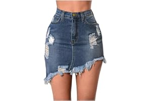 TIMEMEAN Femmes Jupe Courte en Denim Taille Haute Effilochée à Ourlet Brut Jupes en Jean Moulantes Irrégulières avec Poches Extensibles