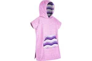 DiaryLook Kids Swimming Changing Robe with Hood, Beach Poncho Towel with Pockets Boys & Girls Quick Dry, Bath Robe Surfing Watersport Rose Purple Wave 10-13 Years