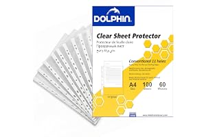 Dolphin A4 Transparent File & Sheet Protectors – Clear Plastic Punched Document Sleeves, 60 Micron PP, Tear-Resistant, 100 Pack for Office, School & Home Use