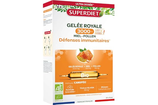 SUPERDIET - SUPERDIET- GELEE ROYALE 3000MG - Formule Brevetée - Défenses immunitaires- Ultra dosée -20 ampoules de 15ml